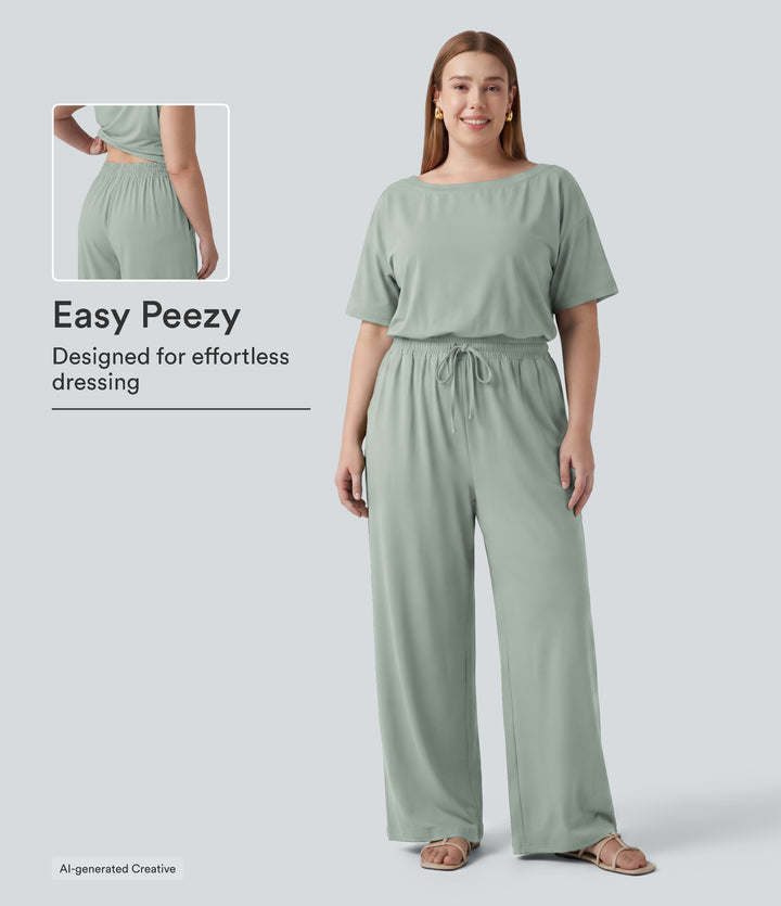 Plus Size Boat Neck Short Sleeve Drawstring Baggy Casual Jumpsuit with Pockets-Edition — Aqua Gray — view 1
