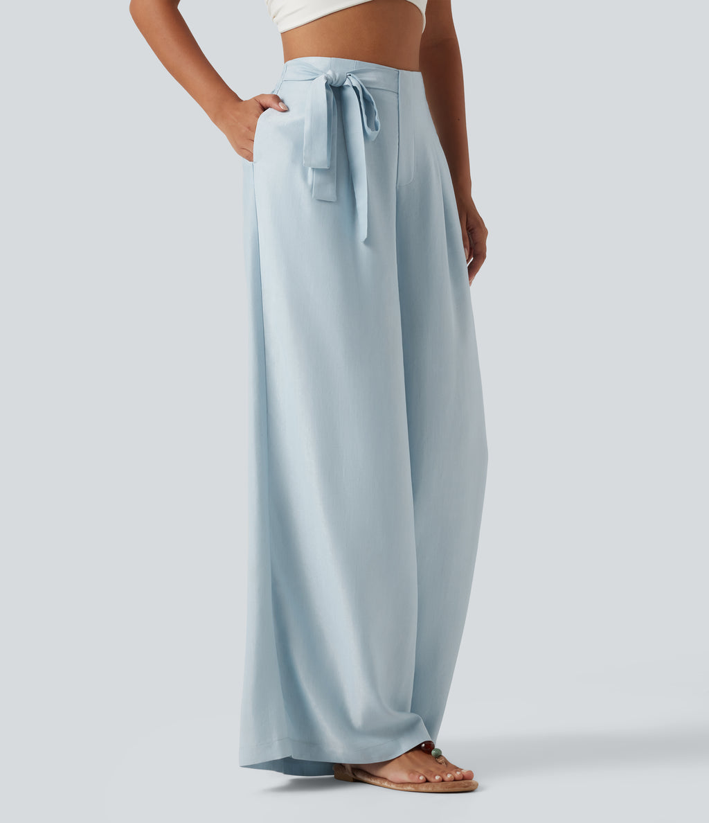 High Waisted 2-in-1 Tie Side Baggy Trousers with Pockets — Illusion Blue — view 1