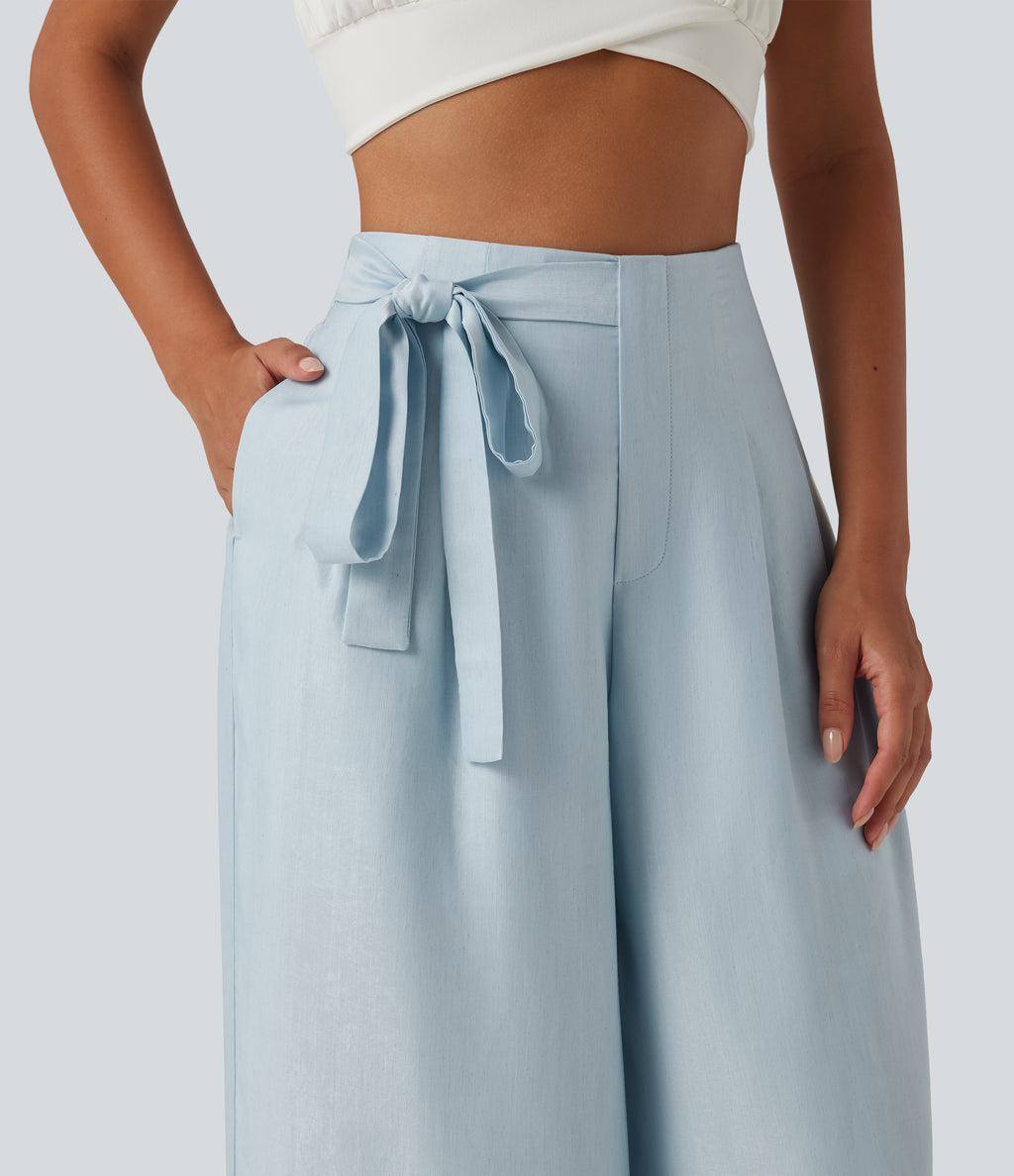 High Waisted 2-in-1 Tie Side Baggy Trousers with Pockets — Illusion Blue — view 4