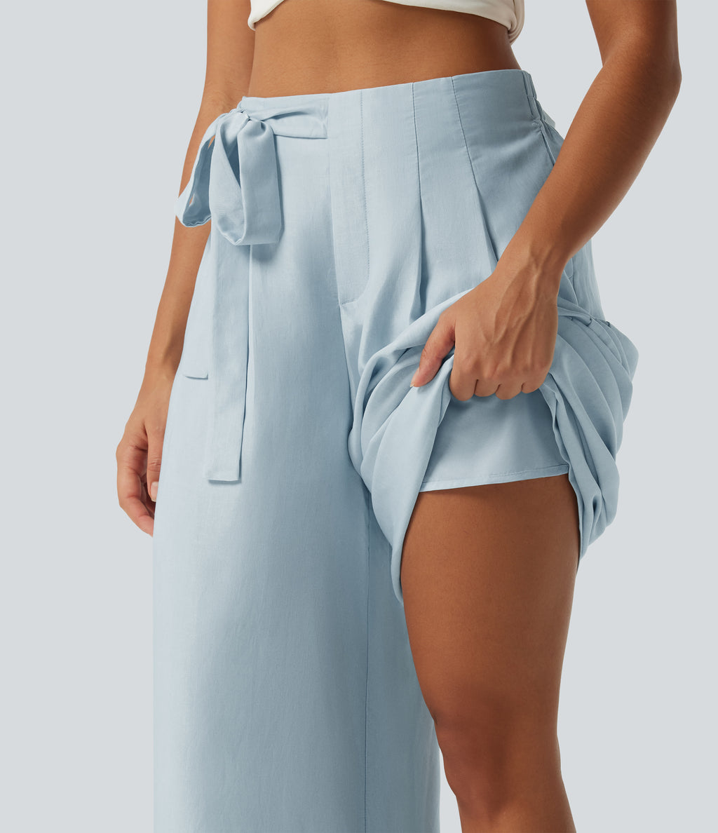 High Waisted 2-in-1 Tie Side Baggy Trousers with Pockets — Illusion Blue — view 5