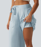 High Waisted 2-in-1 Tie Side Baggy Trousers with Pockets — Illusion Blue — view 5