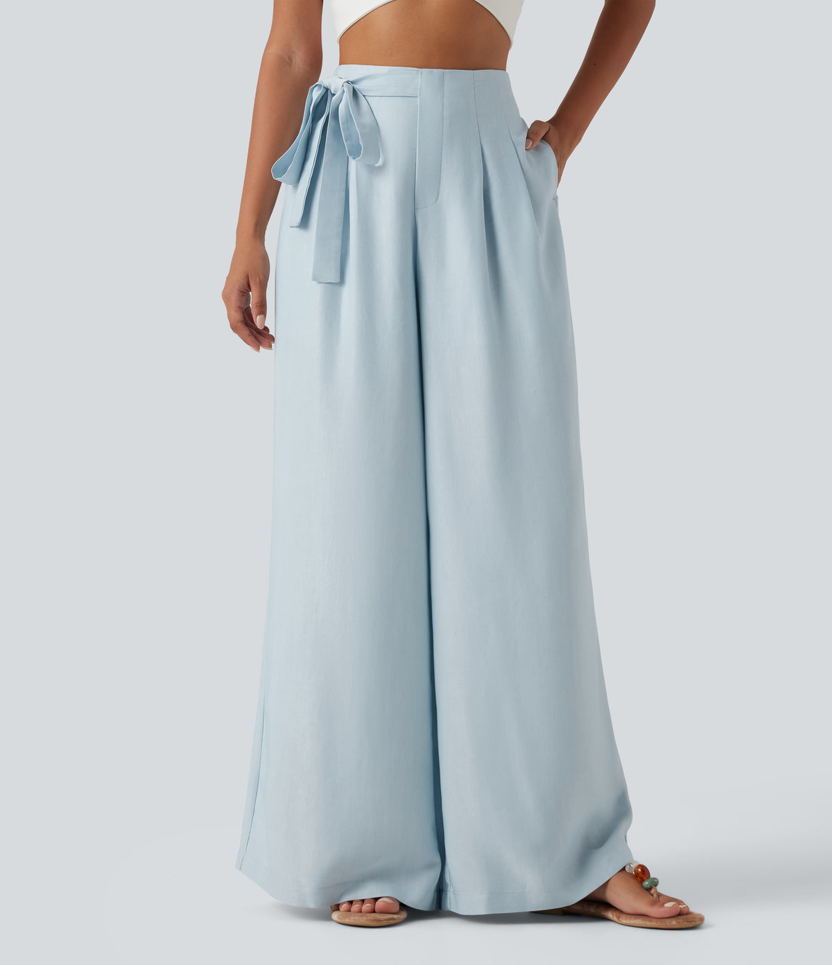 High Waisted 2-in-1 Tie Side Baggy Trousers with Pockets — Illusion Blue — view 3