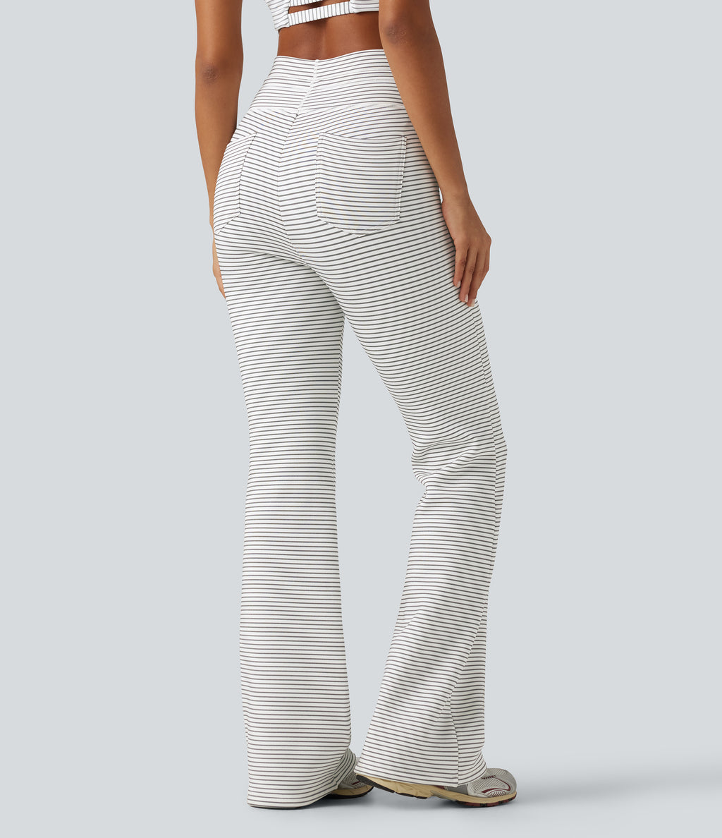 High Waisted Drawstring Stripe Flare Fleece Yoga Trousers with Pockets — Zebra Ripple — view 2