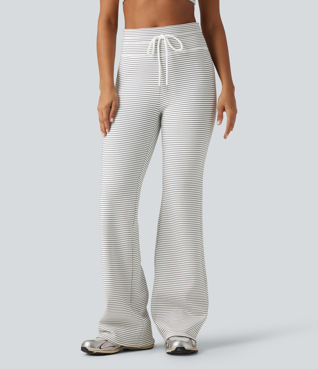 High Waisted Drawstring Stripe Flare Fleece Yoga Trousers with Pockets — Zebra Ripple — view 3