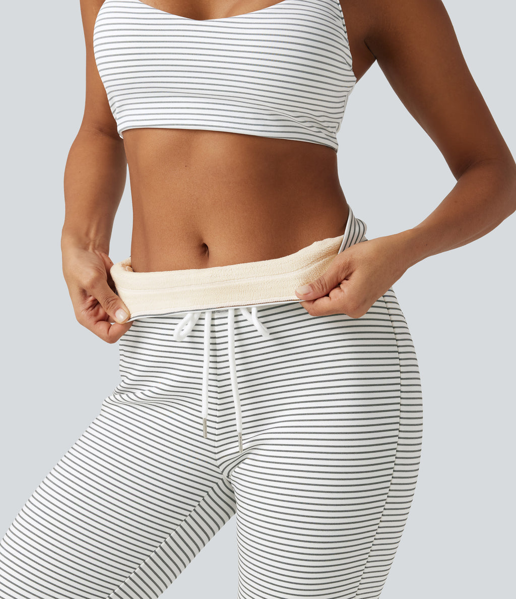High Waisted Drawstring Stripe Flare Fleece Yoga Trousers with Pockets — Zebra Ripple — view 4