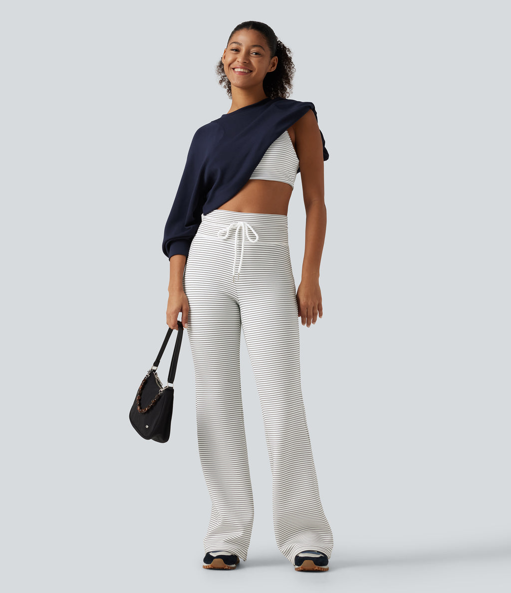 High Waisted Drawstring Stripe Flare Fleece Yoga Trousers with Pockets — Zebra Ripple — view 8