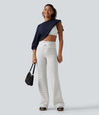 High Waisted Drawstring Stripe Flare Fleece Yoga Trousers with Pockets — Zebra Ripple — view 8