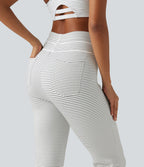 High Waisted Drawstring Stripe Flare Fleece Yoga Trousers with Pockets — Zebra Ripple — view 5
