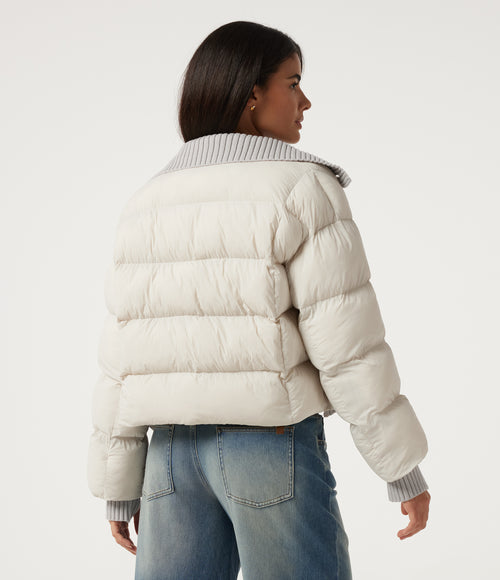 High Neck Long Sleeve Casual Puffer Jacket with Pockets and Thumb Holes — White Down — view 2