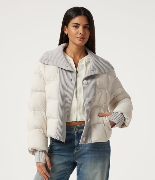 High Neck Long Sleeve Casual Puffer Jacket with Pockets and Thumb Holes — White Down — view 1