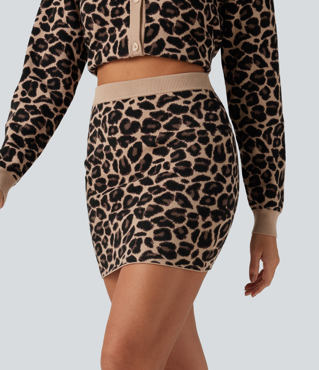 High Waisted Leopard Print Bodycon Casual Mini Sweater Skirt — Black Coffee Leopard Print — view 3