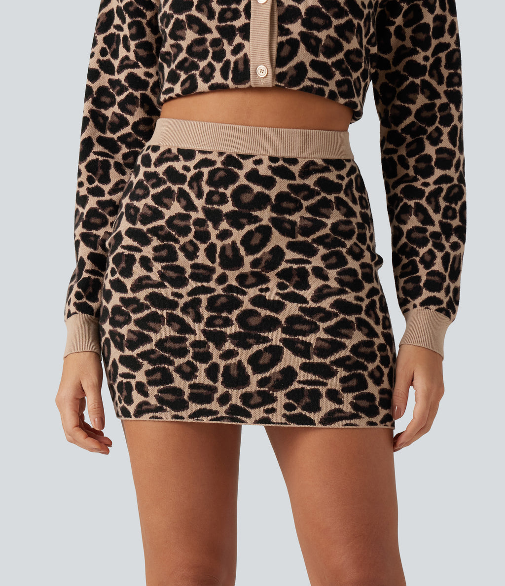 High Waisted Leopard Print Bodycon Casual Mini Sweater Skirt — Black Coffee Leopard Print — view 1