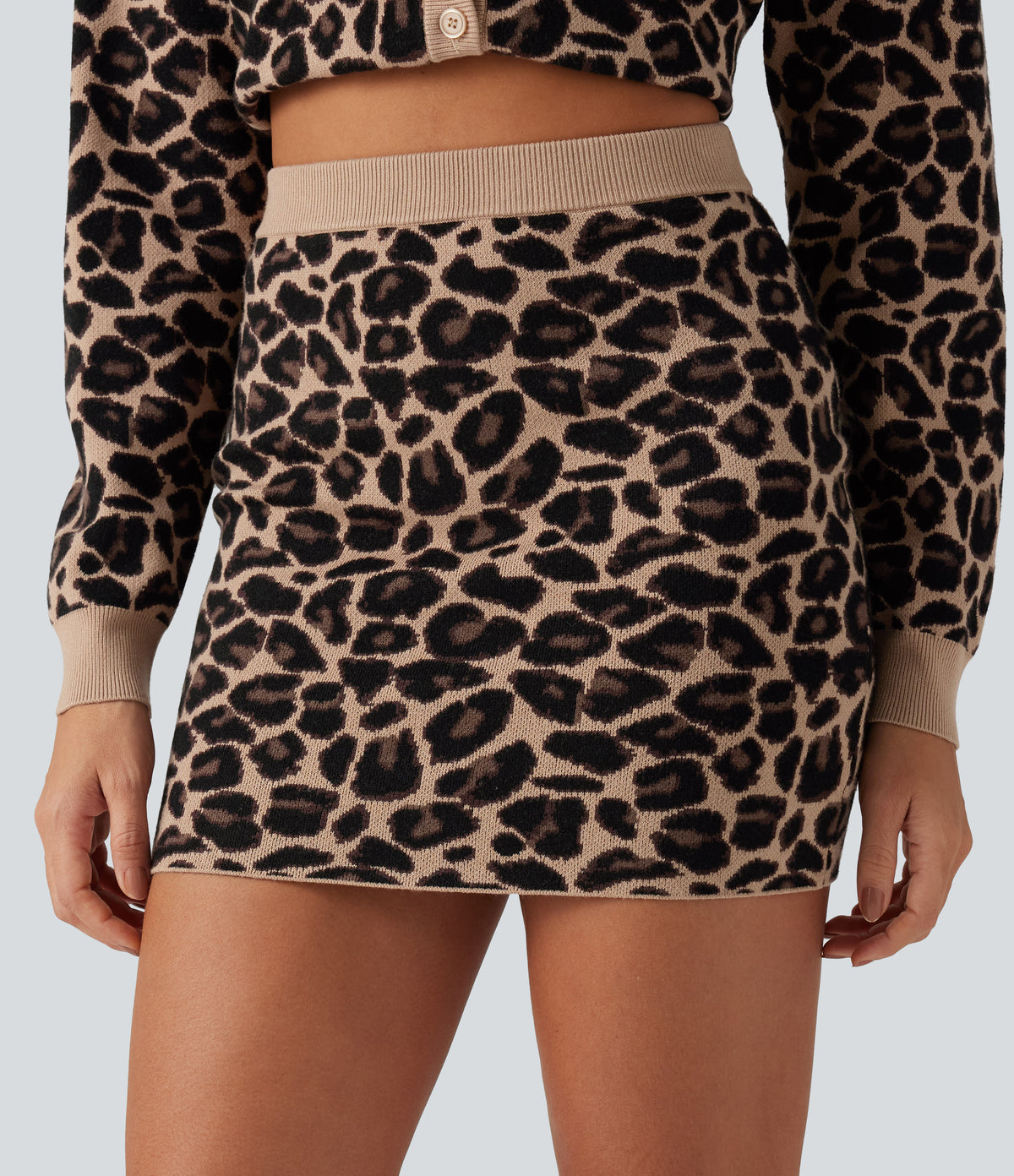 High Waisted Leopard Print Bodycon Casual Mini Sweater Skirt — Black Coffee Leopard Print — view 4
