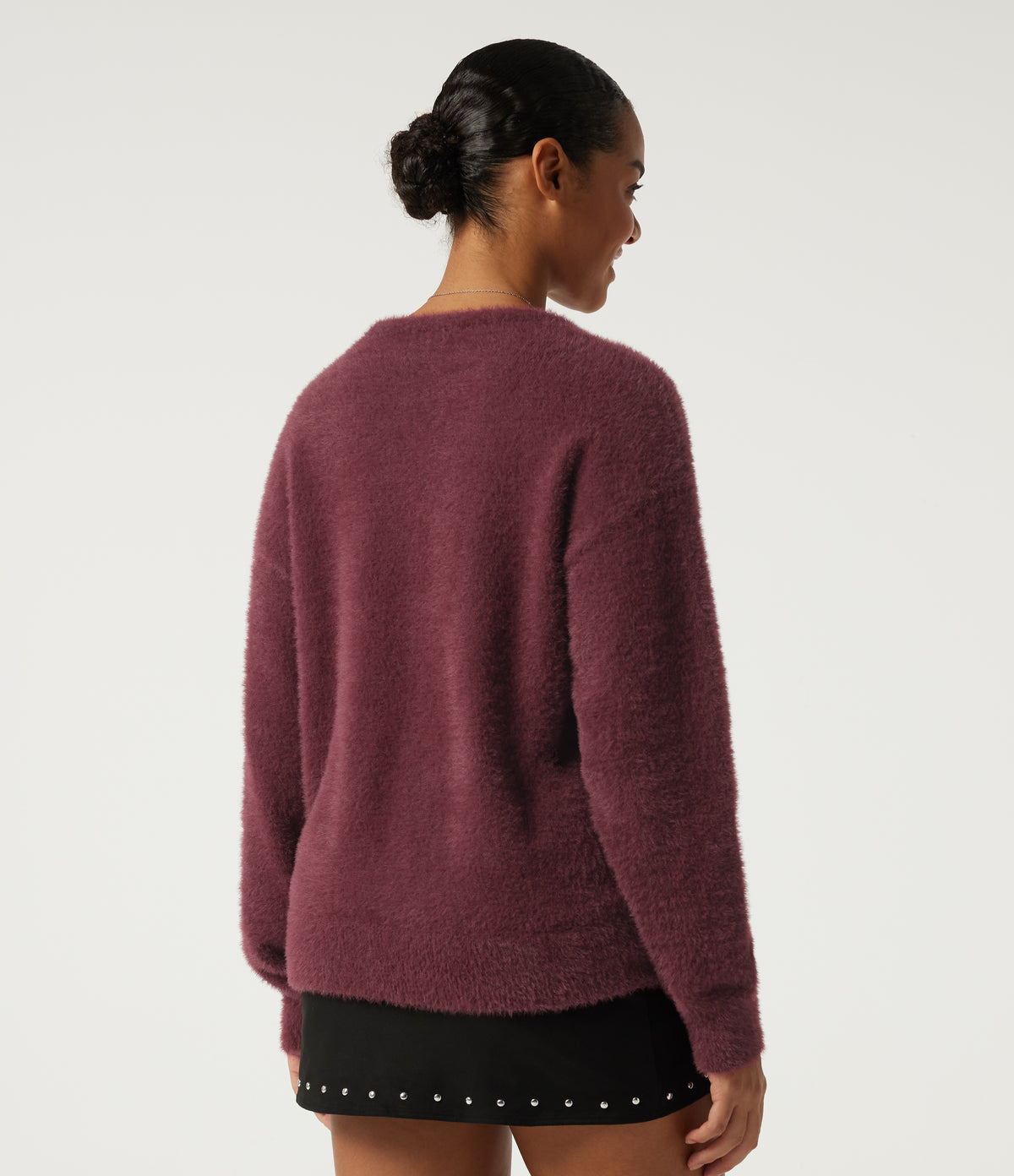 Round Neck Long Sleeve Casual Jumper — Merlot Red — view 2
