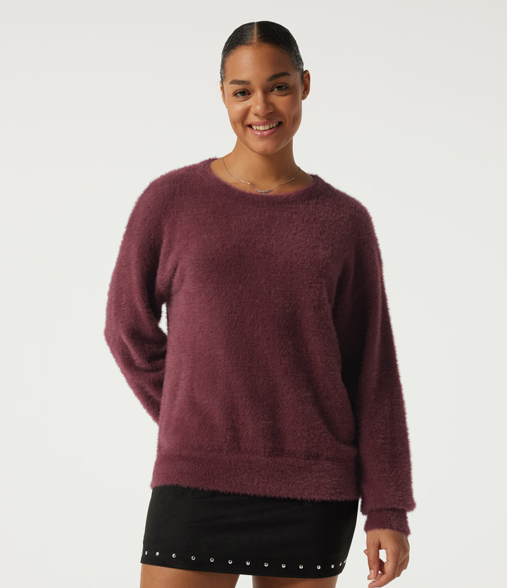 Round Neck Long Sleeve Casual Jumper — Merlot Red — view 1