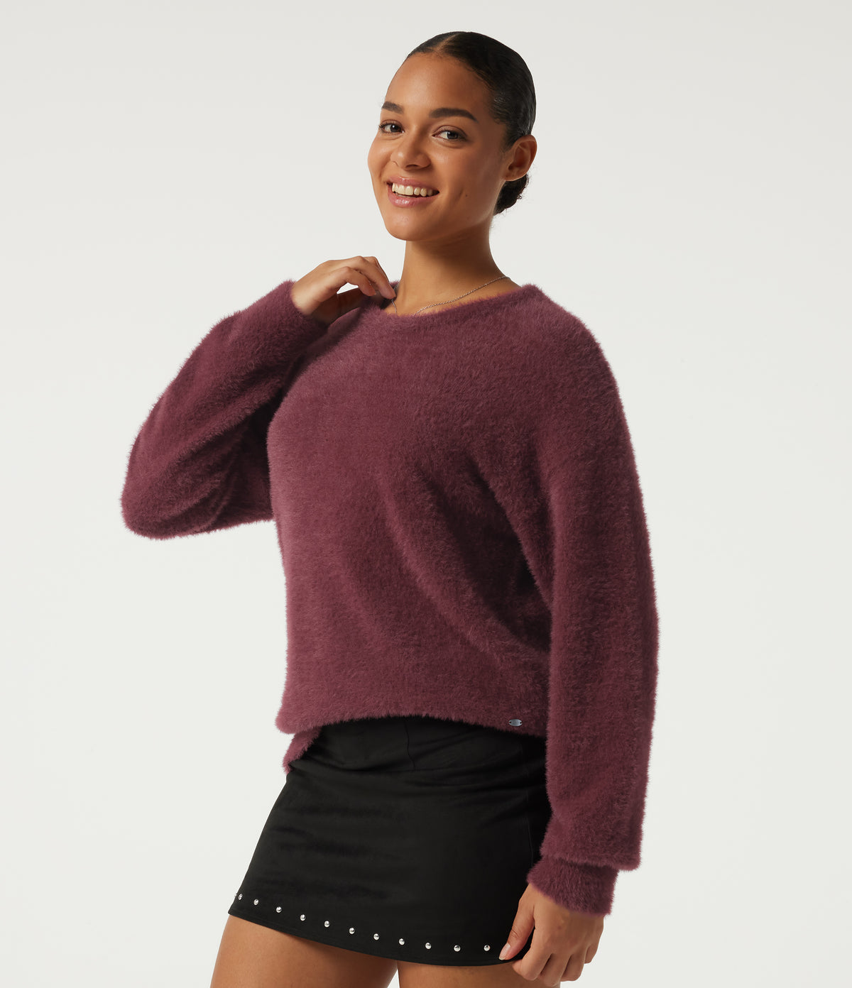 Round Neck Long Sleeve Casual Jumper — Merlot Red — view 3