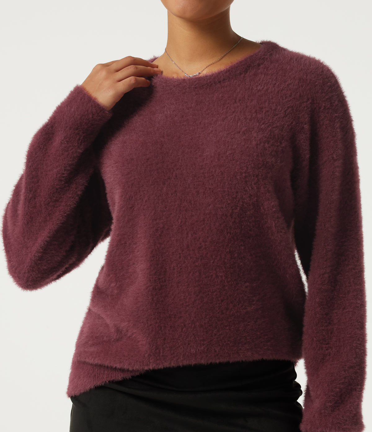 Round Neck Long Sleeve Casual Jumper — Merlot Red — view 4