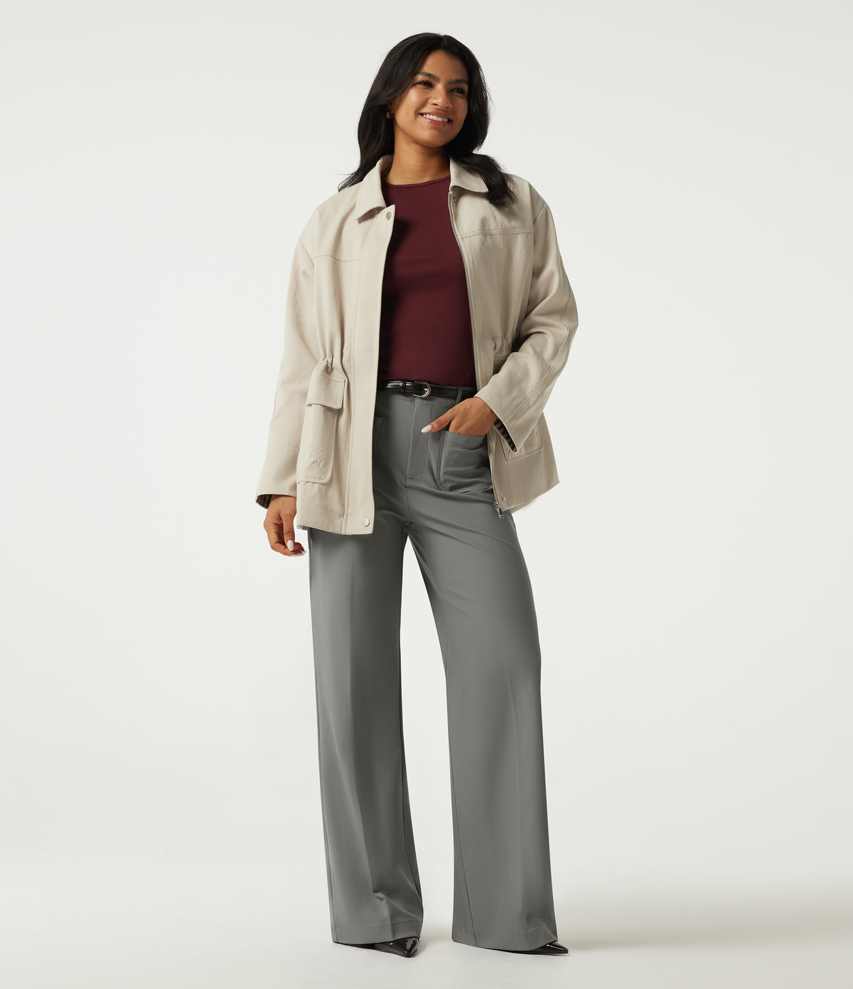Wrinkle Recovery High Waisted Wide Leg Work Trousers with Pockets — Silent Storm — view 6