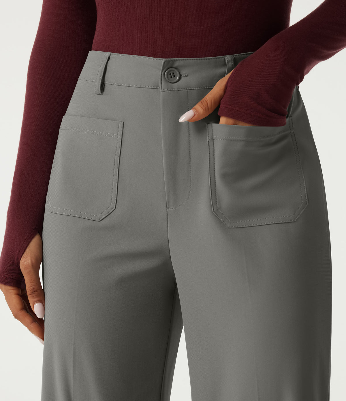 Wrinkle Recovery High Waisted Wide Leg Work Trousers with Pockets — Silent Storm — view 4