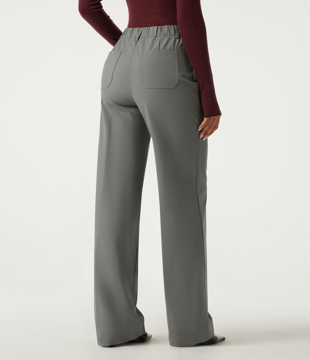 Wrinkle Recovery High Waisted Wide Leg Work Trousers with Pockets — Silent Storm — view 2