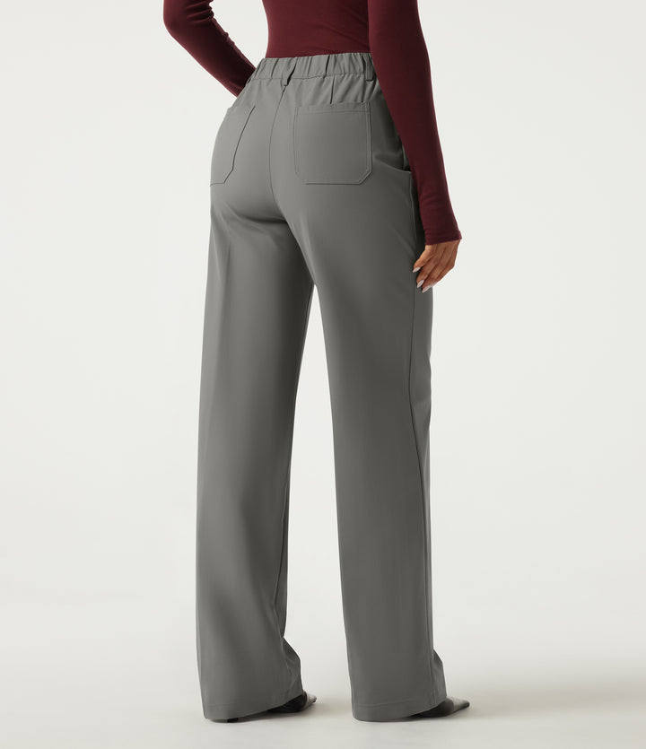Wrinkle Recovery High Waisted Wide Leg Work Trousers with Pockets — Silent Storm — view 2