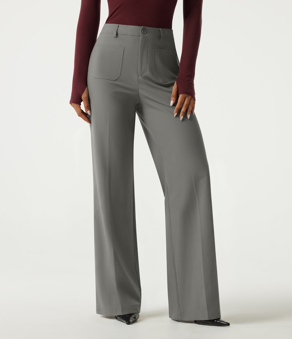 Wrinkle Recovery High Waisted Wide Leg Work Trousers with Pockets — Silent Storm — view 3