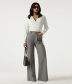 Wrinkle Recovery High Waisted Wide Leg Work Trousers with Pockets — Silent Storm — view 7
