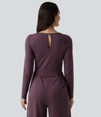 Round Neck Long Sleeve Wide Leg Casual Jumpsuit with Pockets-Edition — Plum Wine — view 4