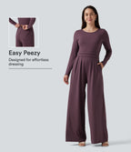 Round Neck Long Sleeve Wide Leg Casual Jumpsuit with Pockets-Edition — Plum Wine — view 1