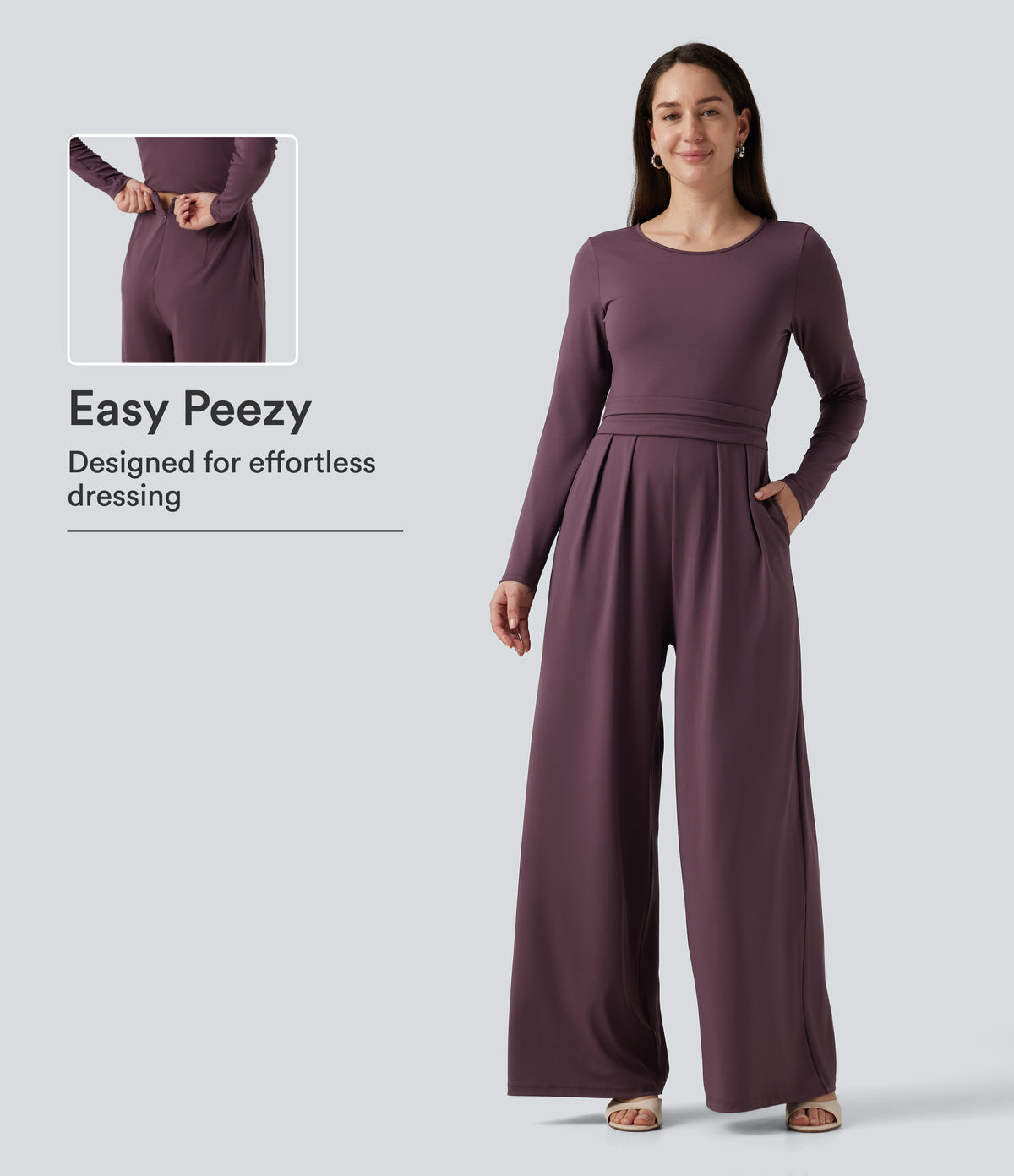 Round Neck Long Sleeve Wide Leg Casual Jumpsuit with Pockets-Edition — Plum Wine — view 1