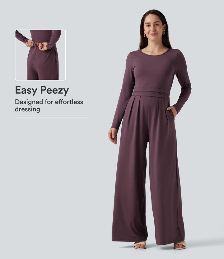 Round Neck Long Sleeve Wide Leg Casual Jumpsuit with Pockets-Edition — Plum Wine — view 1