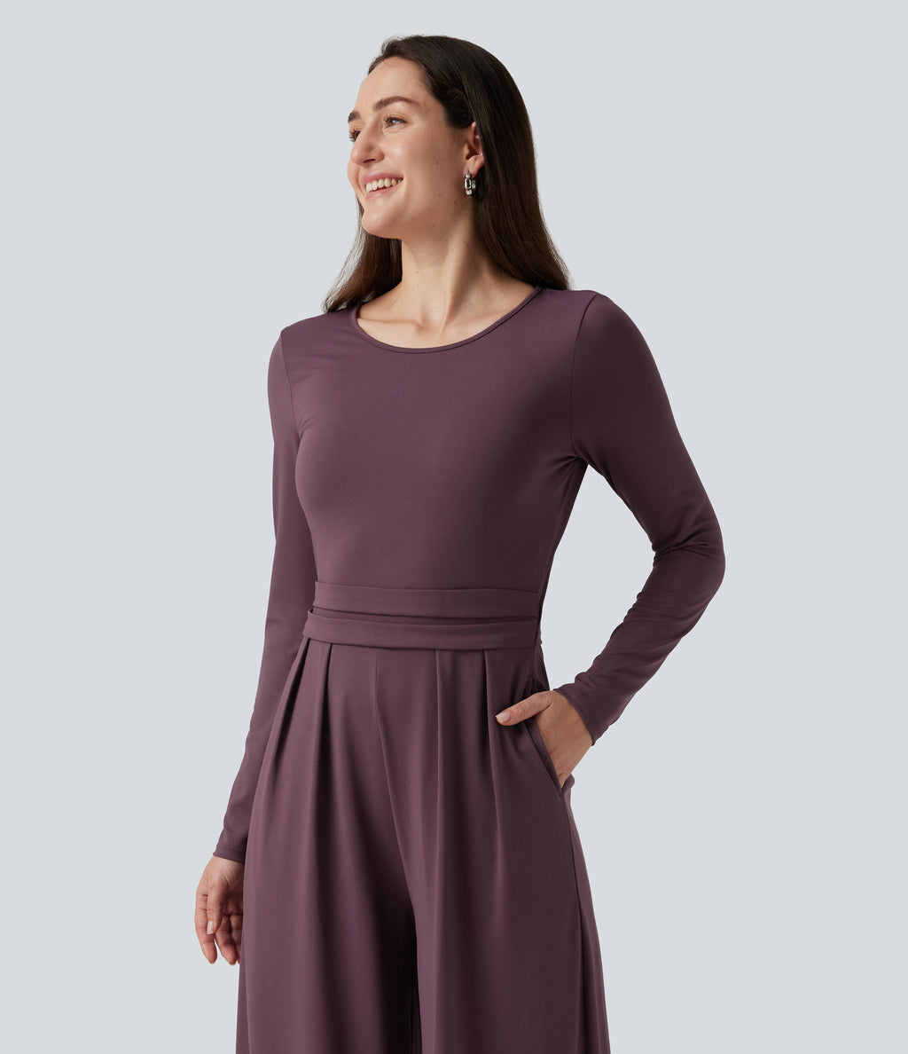 Round Neck Long Sleeve Wide Leg Casual Jumpsuit with Pockets-Edition — Plum Wine — view 5