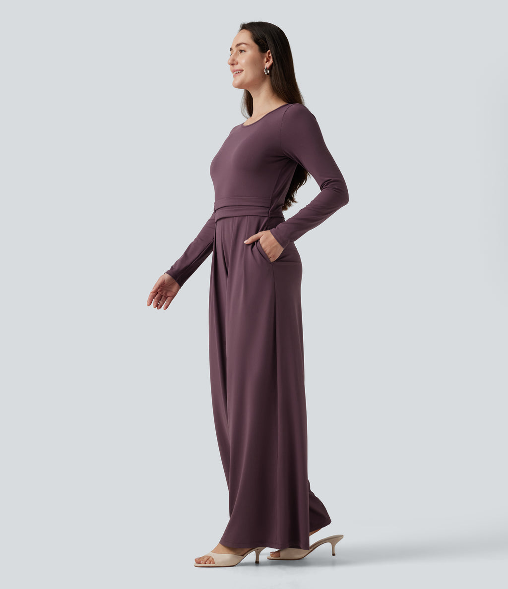 Round Neck Long Sleeve Wide Leg Casual Jumpsuit with Pockets-Edition — Plum Wine — view 3
