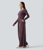 Round Neck Long Sleeve Wide Leg Casual Jumpsuit with Pockets-Edition — Plum Wine — view 3