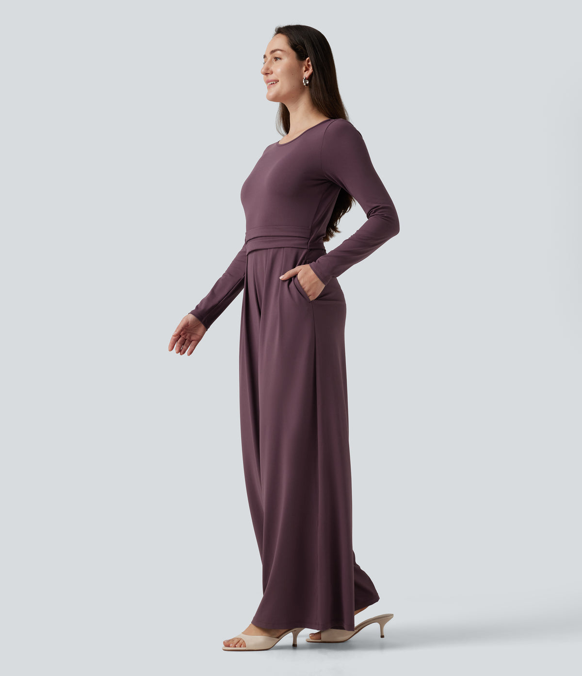 Round Neck Long Sleeve Wide Leg Casual Jumpsuit with Pockets-Edition — Plum Wine — view 3