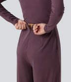 Round Neck Long Sleeve Wide Leg Casual Jumpsuit with Pockets-Edition — Plum Wine — view 6