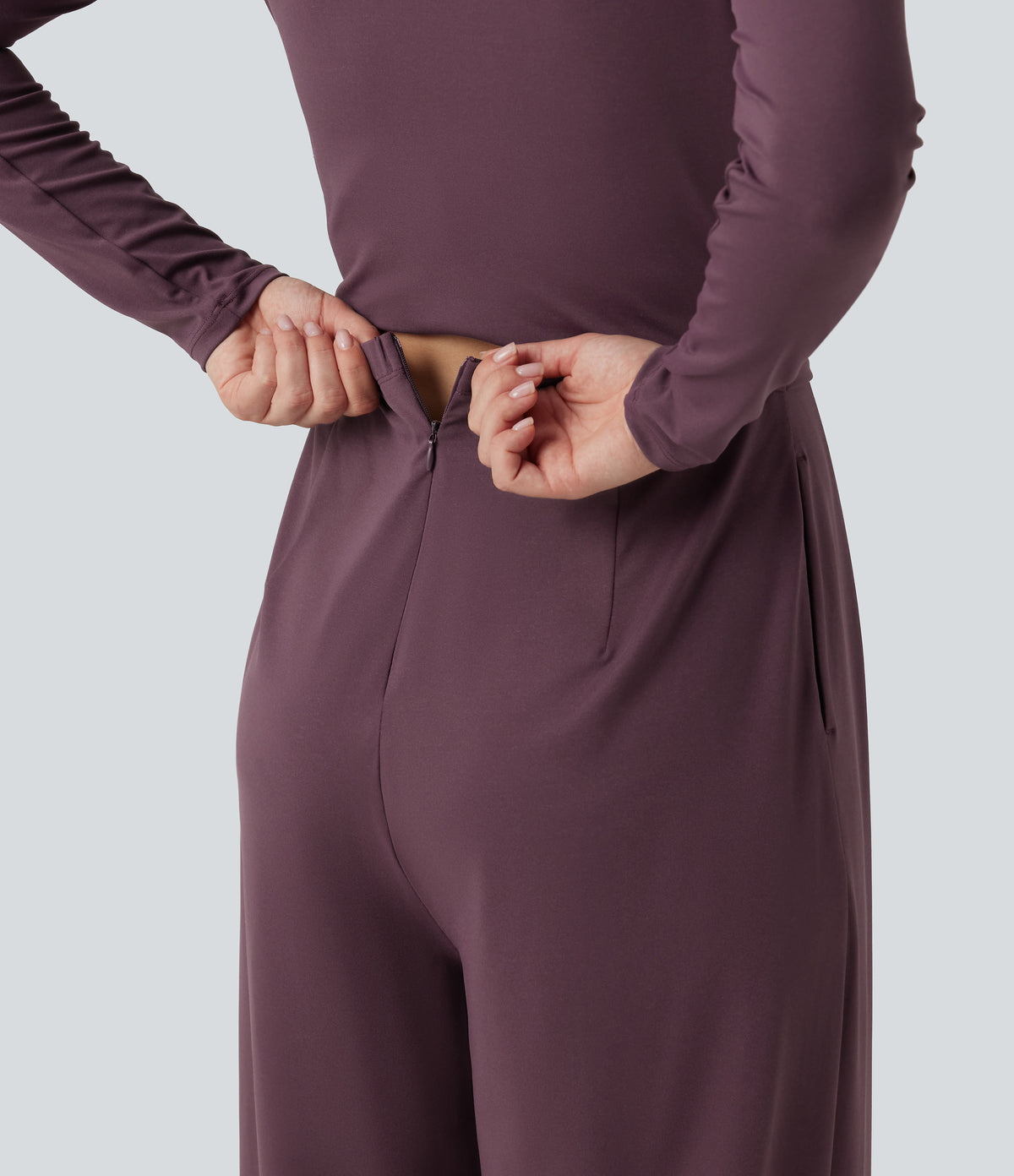 Round Neck Long Sleeve Wide Leg Casual Jumpsuit with Pockets-Edition — Plum Wine — view 6