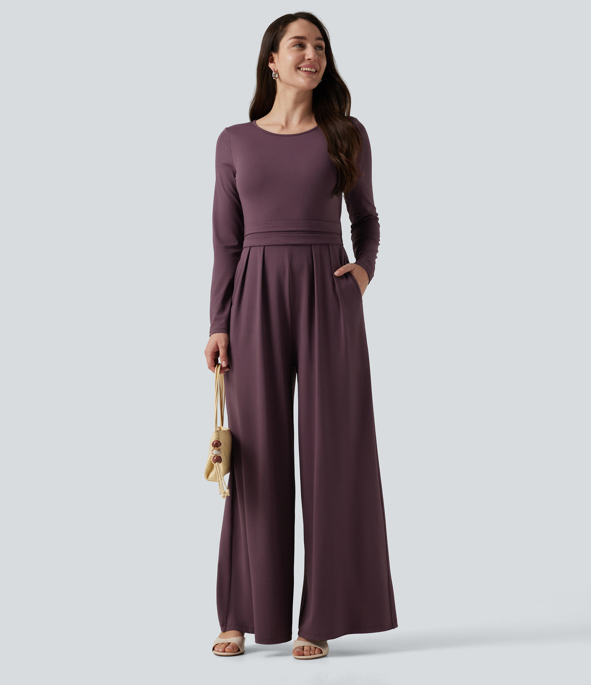 Round Neck Long Sleeve Wide Leg Casual Jumpsuit with Pockets-Edition — Plum Wine — view 8