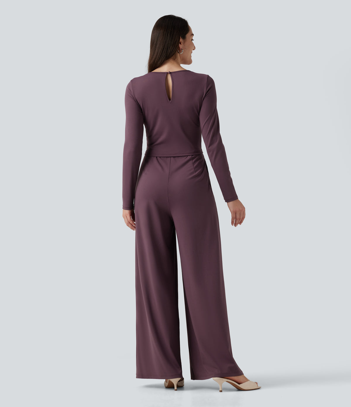Round Neck Long Sleeve Wide Leg Casual Jumpsuit with Pockets-Edition — Plum Wine — view 2