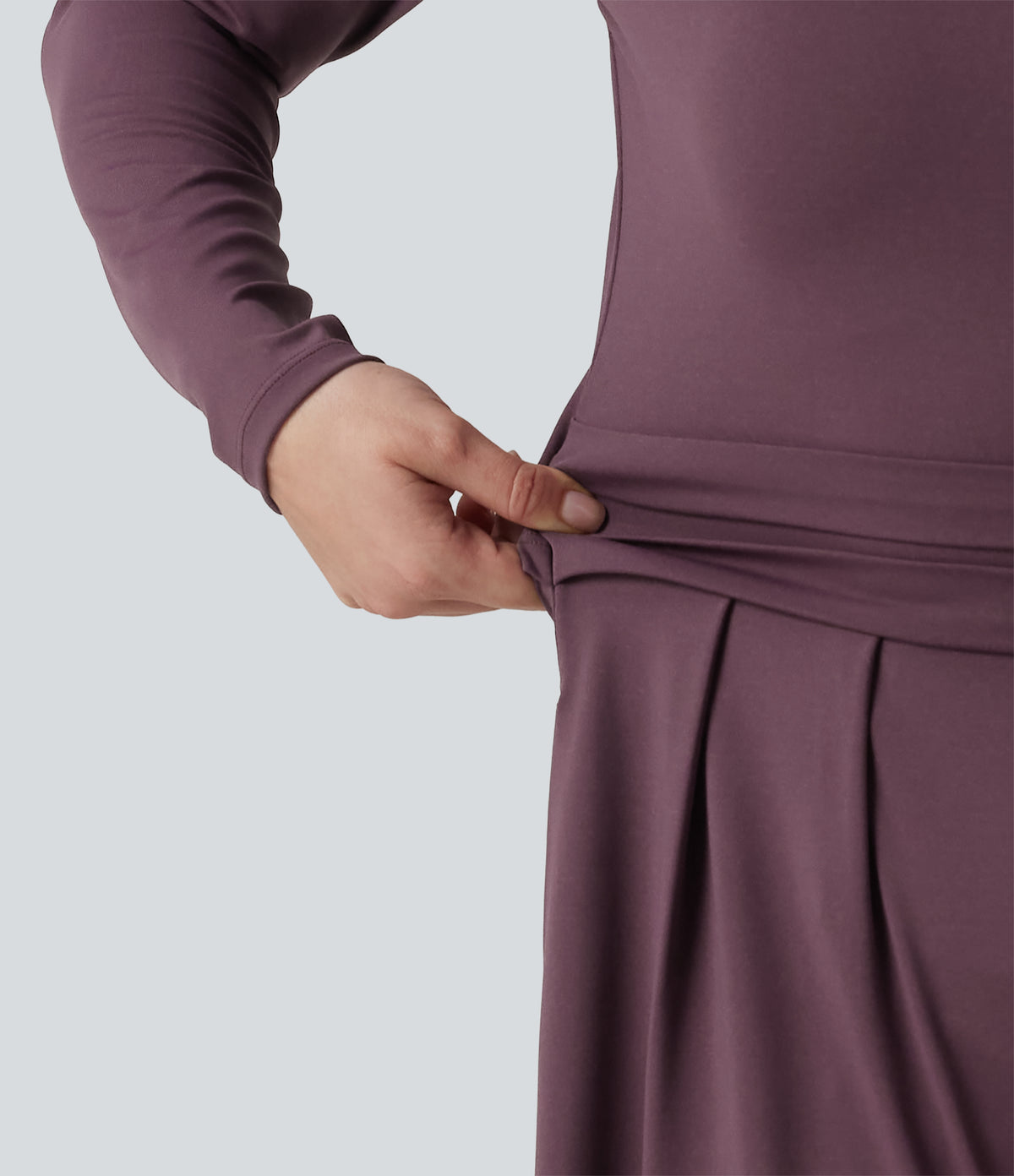 Round Neck Long Sleeve Wide Leg Casual Jumpsuit with Pockets-Edition — Plum Wine — view 7
