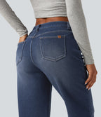 Mid Rise Asymmetric Straight Leg Fleece Casual Jeans with Pockets — Estate Blue Denim — view 6