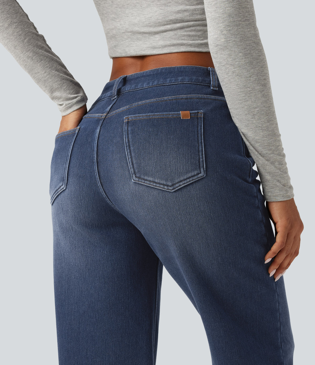 Mid Rise Asymmetric Straight Leg Fleece Casual Jeans with Pockets — Estate Blue Denim — view 6