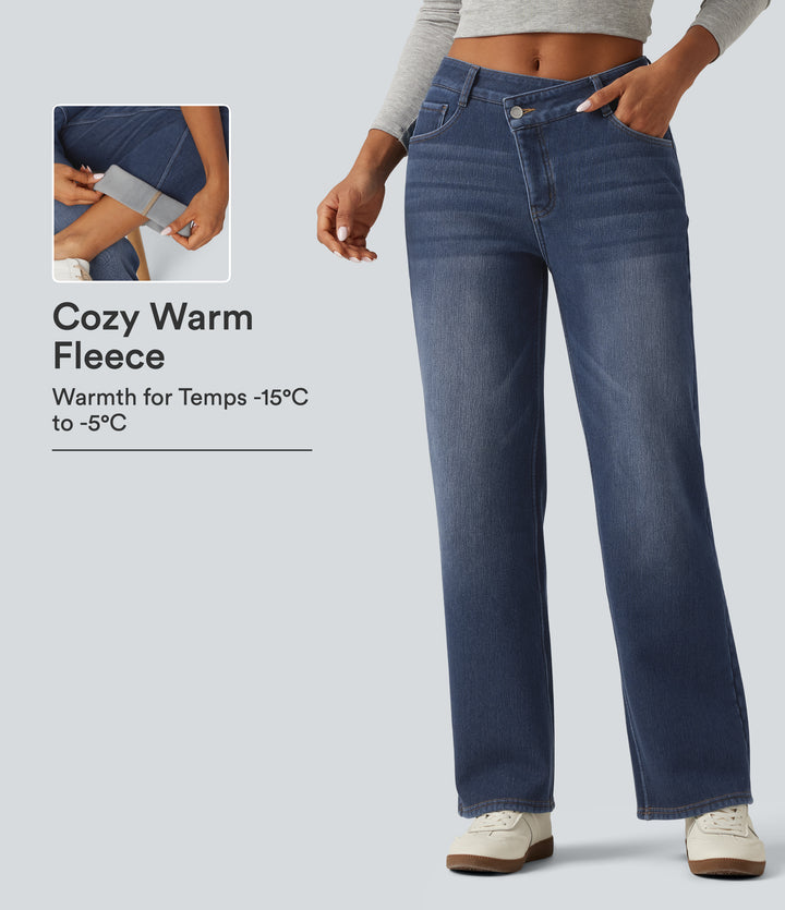 Mid Rise Asymmetric Straight Leg Fleece Casual Jeans with Pockets — Estate Blue Denim — view 1