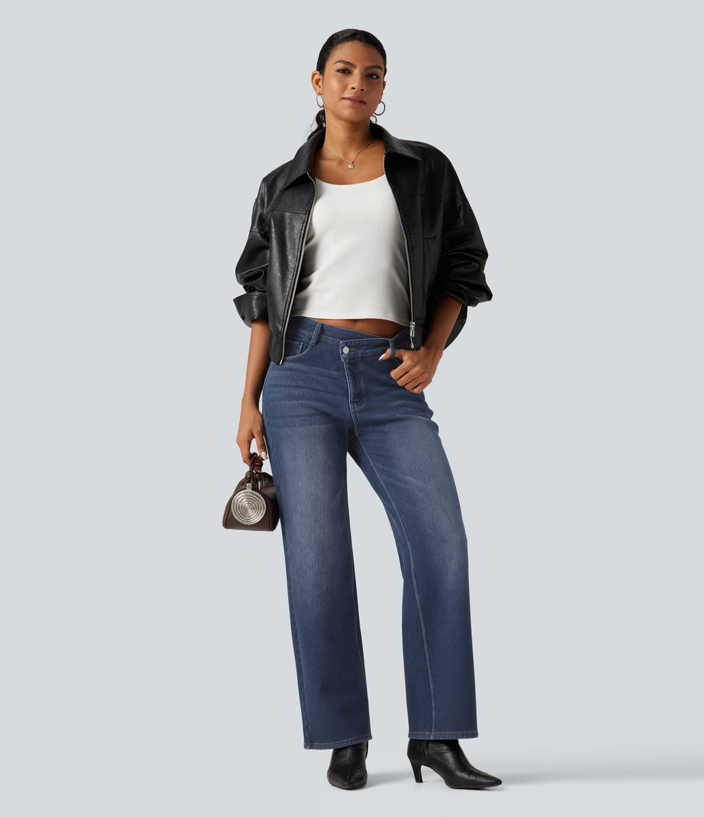 Mid Rise Asymmetric Straight Leg Fleece Casual Jeans with Pockets — Estate Blue Denim — view 4