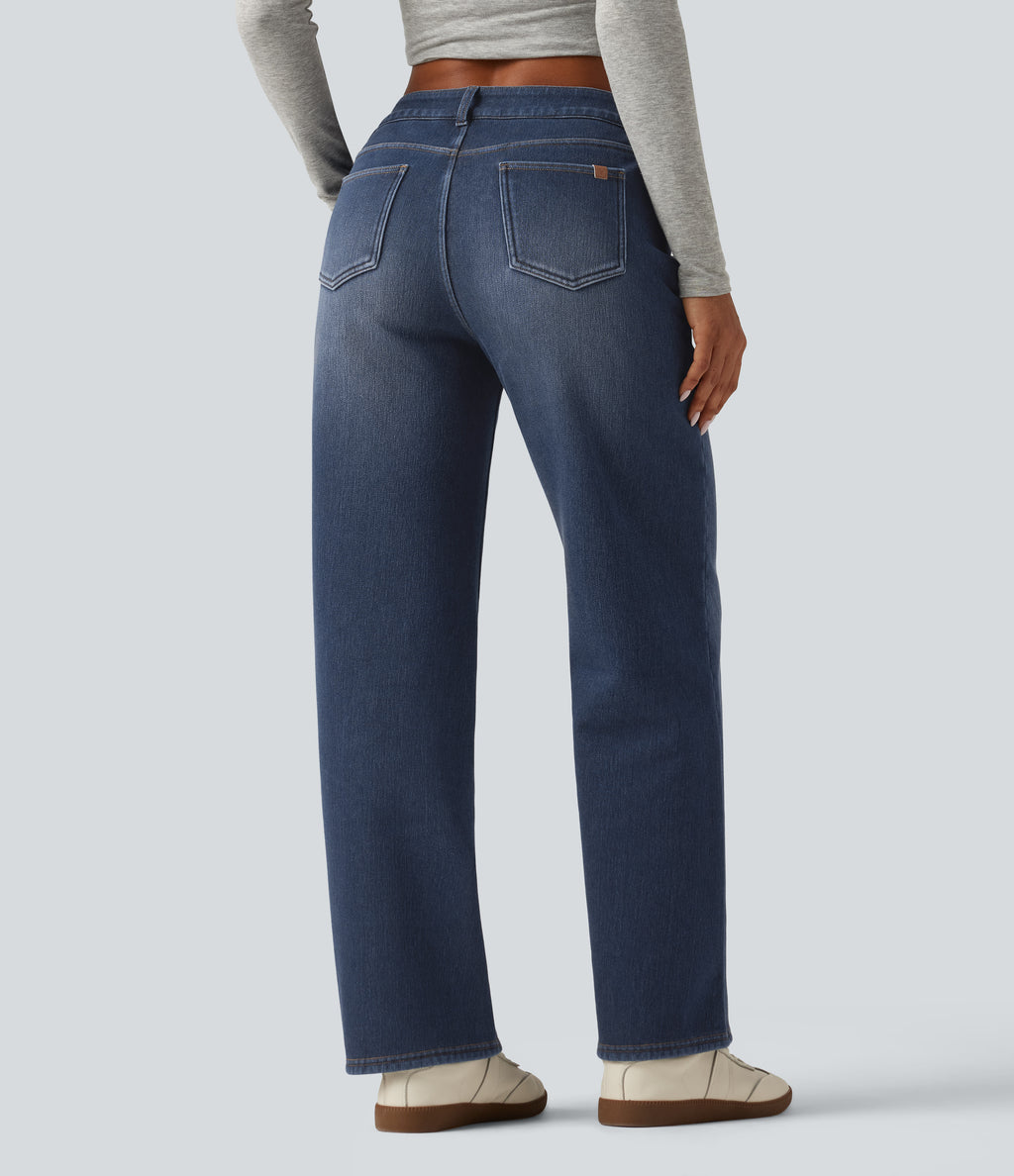 Mid Rise Asymmetric Straight Leg Fleece Casual Jeans with Pockets — Estate Blue Denim — view 2