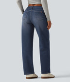 Mid Rise Asymmetric Straight Leg Fleece Casual Jeans with Pockets — Estate Blue Denim — view 2
