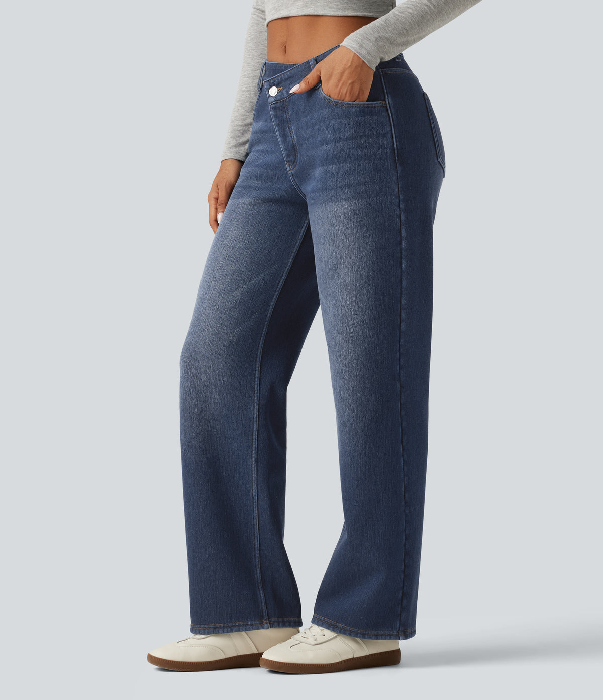 Mid Rise Asymmetric Straight Leg Fleece Casual Jeans with Pockets — Estate Blue Denim — view 3