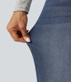 Mid Rise Asymmetric Straight Leg Fleece Casual Jeans with Pockets — Estate Blue Denim — view 8