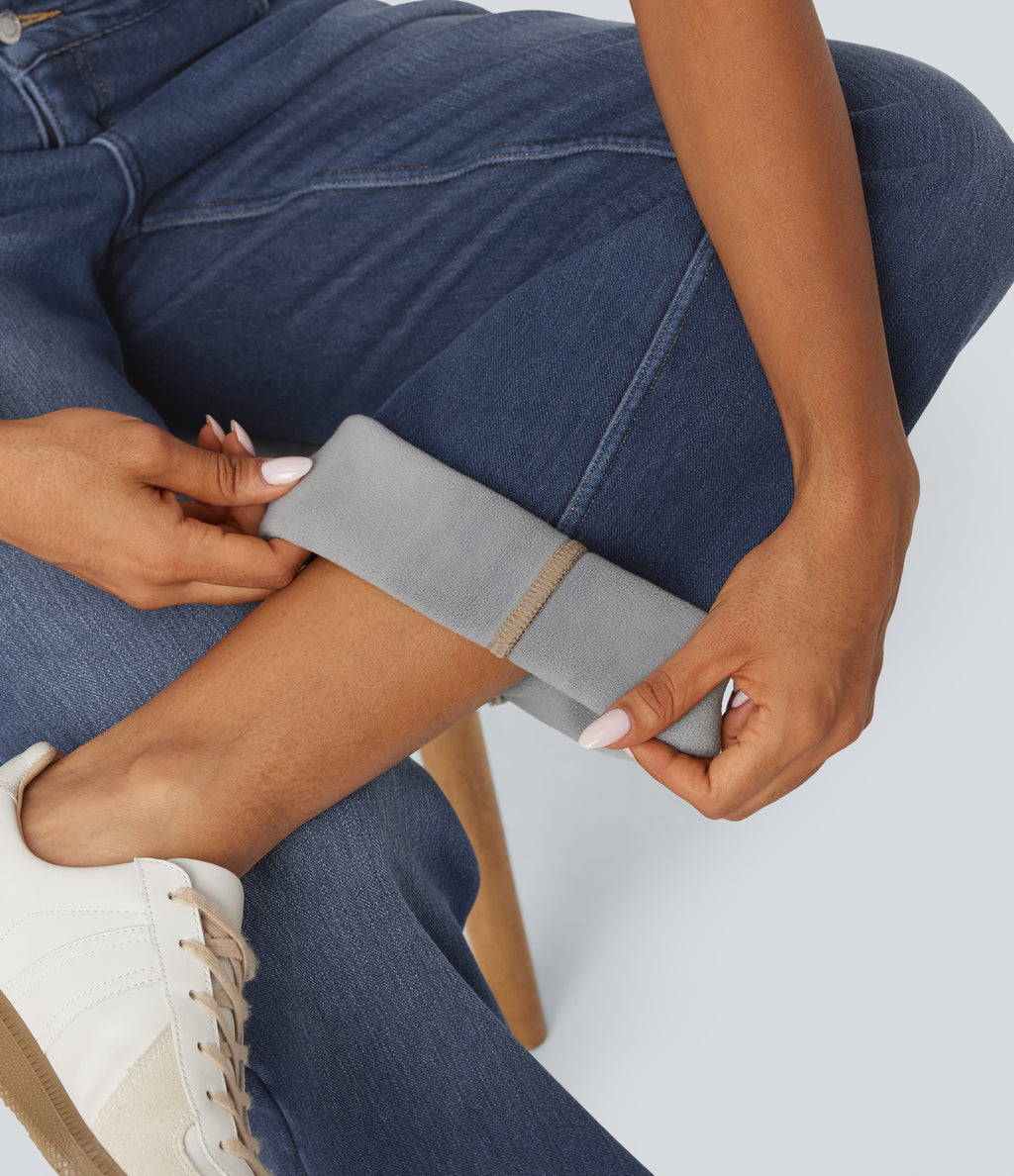 Mid Rise Asymmetric Straight Leg Fleece Casual Jeans with Pockets — Estate Blue Denim — view 7