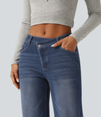 Mid Rise Asymmetric Straight Leg Fleece Casual Jeans with Pockets — Estate Blue Denim — view 5